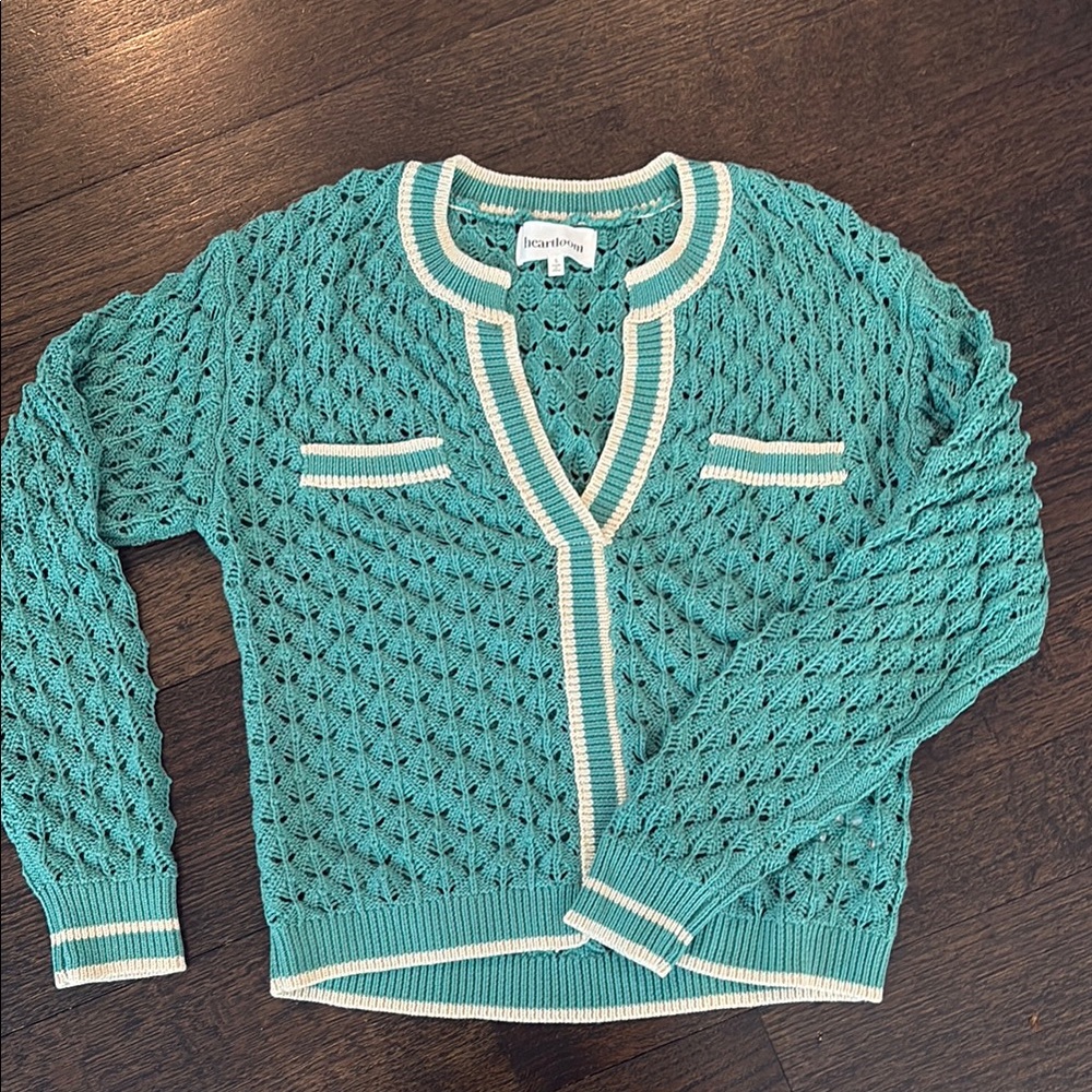 Heartloom Teal Knit Sweater with Cream Trim